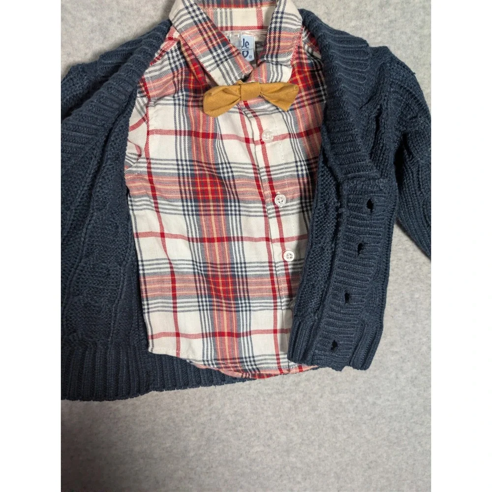 Little Lad Boys 12M Navy Cable Knit Cardigan Plaid Shirt Bow Tie‎ Preppy Dressy